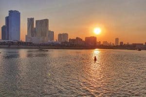 sunset over the Mekong river with Phnom Penh in the background