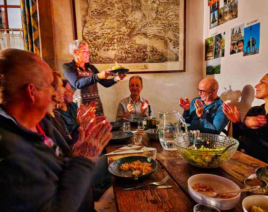 birthday communal dinner at Port St Jaques albergue in St Jean