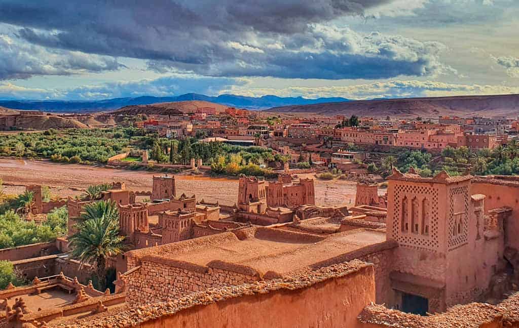 looking down at Ait Benhaddou and the dry river that flows through the town after rain
