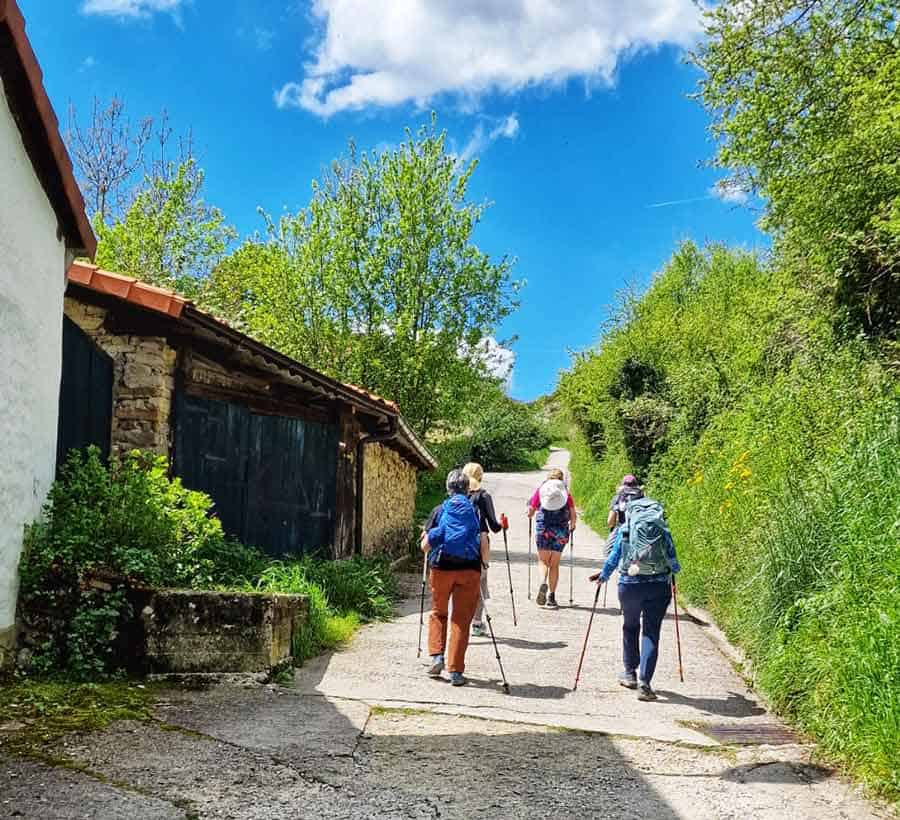 leaving the village and starting to walk up the long hill into the forest on a paved trail