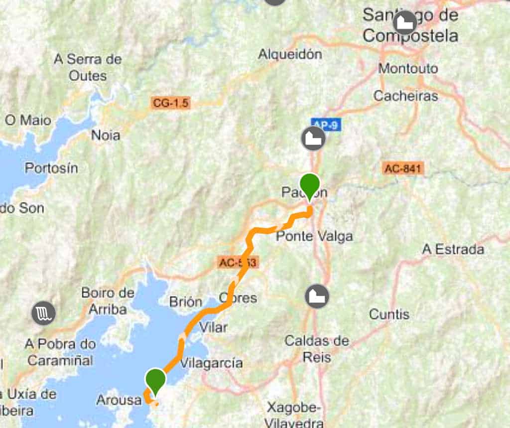 map showing the journey of the boat from Vilanova to Padron