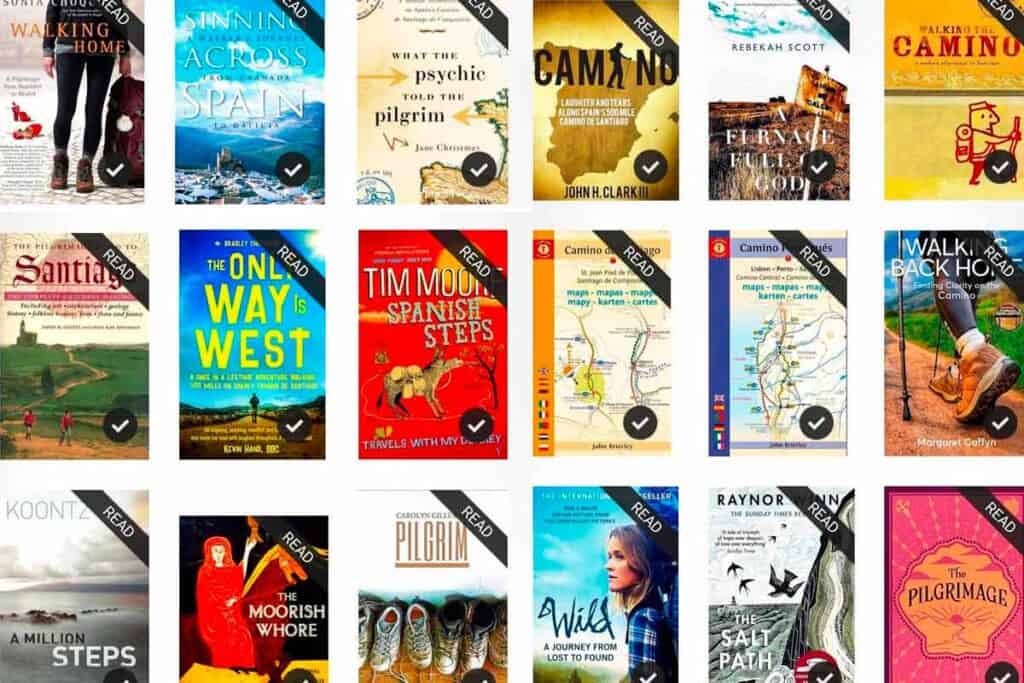 screen shot of Colleen's kindle with some of the many books about the Camino de Santiago