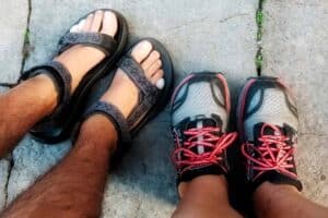 gerry wearing teva sandals and I'm wearing Altra Lone Peak shoes, both are ideal for walking the Camino