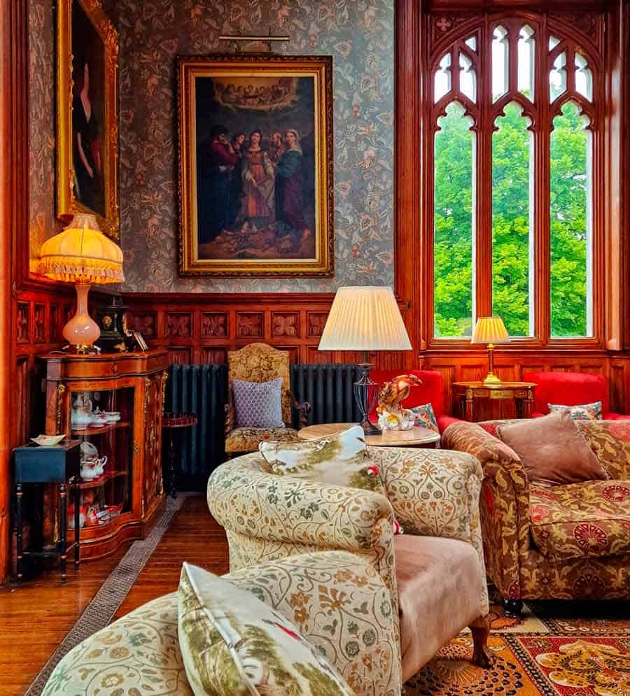 very comfortable sitting room with photos of Yeats in Markree Castle