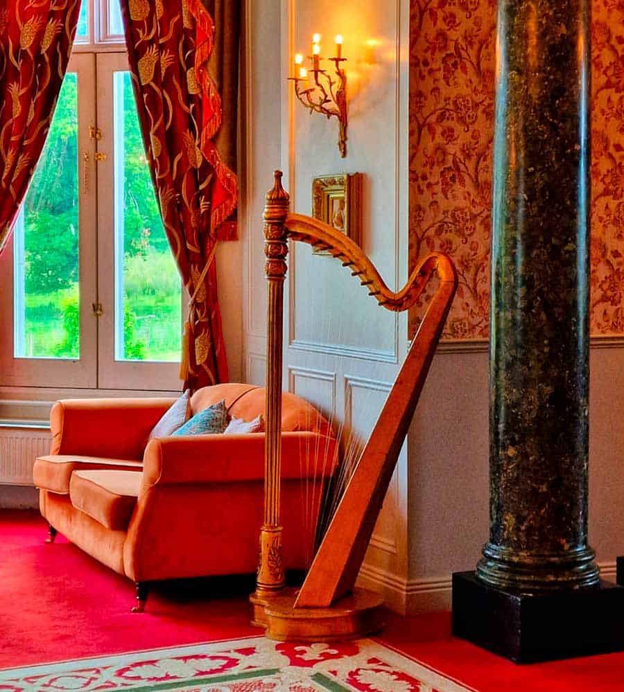beautiful harp in the lounge at Markree