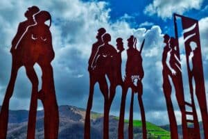 pilgrim sculpture on the camino in Valcarlos on the route between St Jean and Roncesvalles