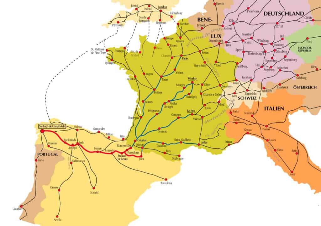 map of the many camino routes across europe