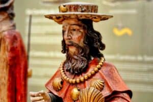 a statue of St James in the pilgrim museum in Santiago de Compostela