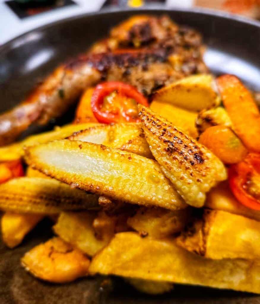 chicken and roasted vegetables - a quick dinner before bed after a long flight