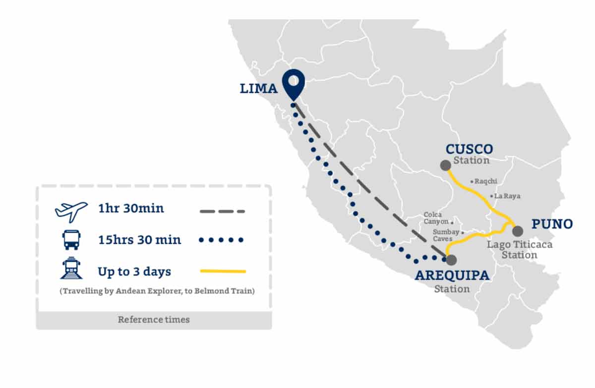 map showing the route of the belmond andean explorer train