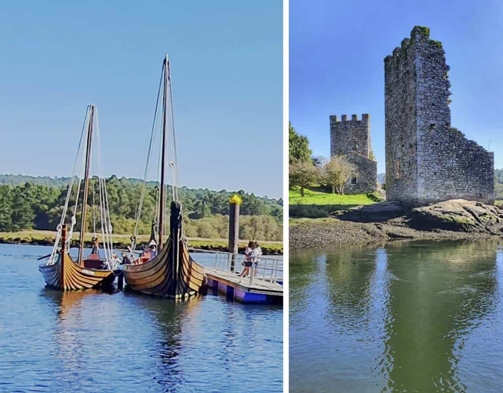 views from the boat of ruins and viking ships