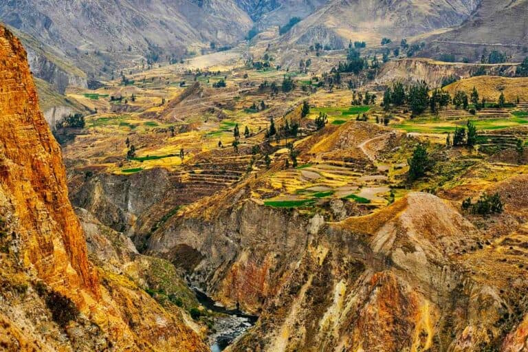 one of the sweeping views of the colca canyon and the farmed terraces with the mountain backdrop and the river in the valley below