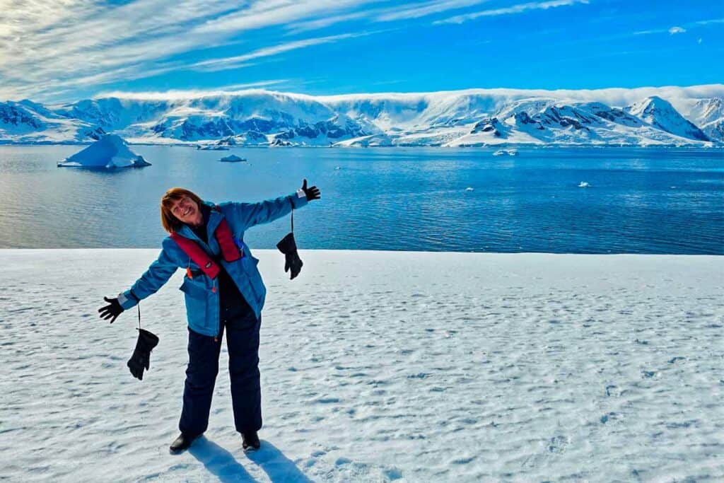 colleen looking very happy landing on antarctica