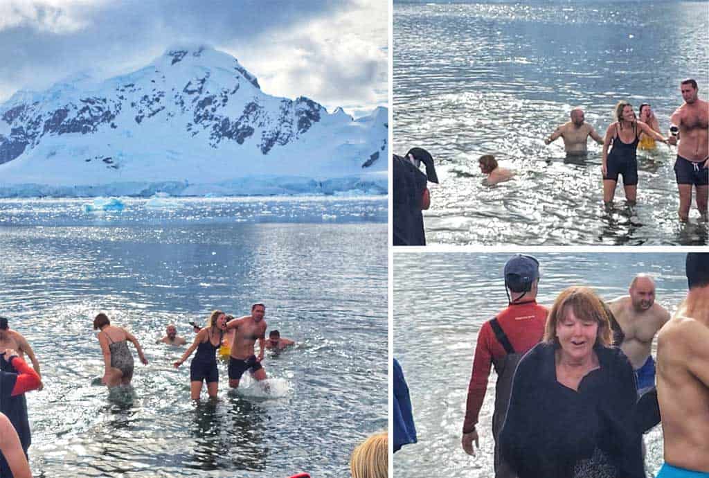 photos of colleen going into the polar water, dipping down and getting our again