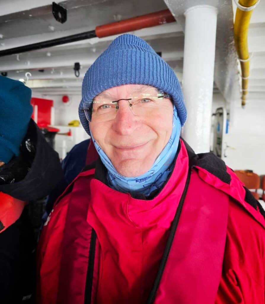 Gerry wrapped up warm and waiting for his Zodiac cruise