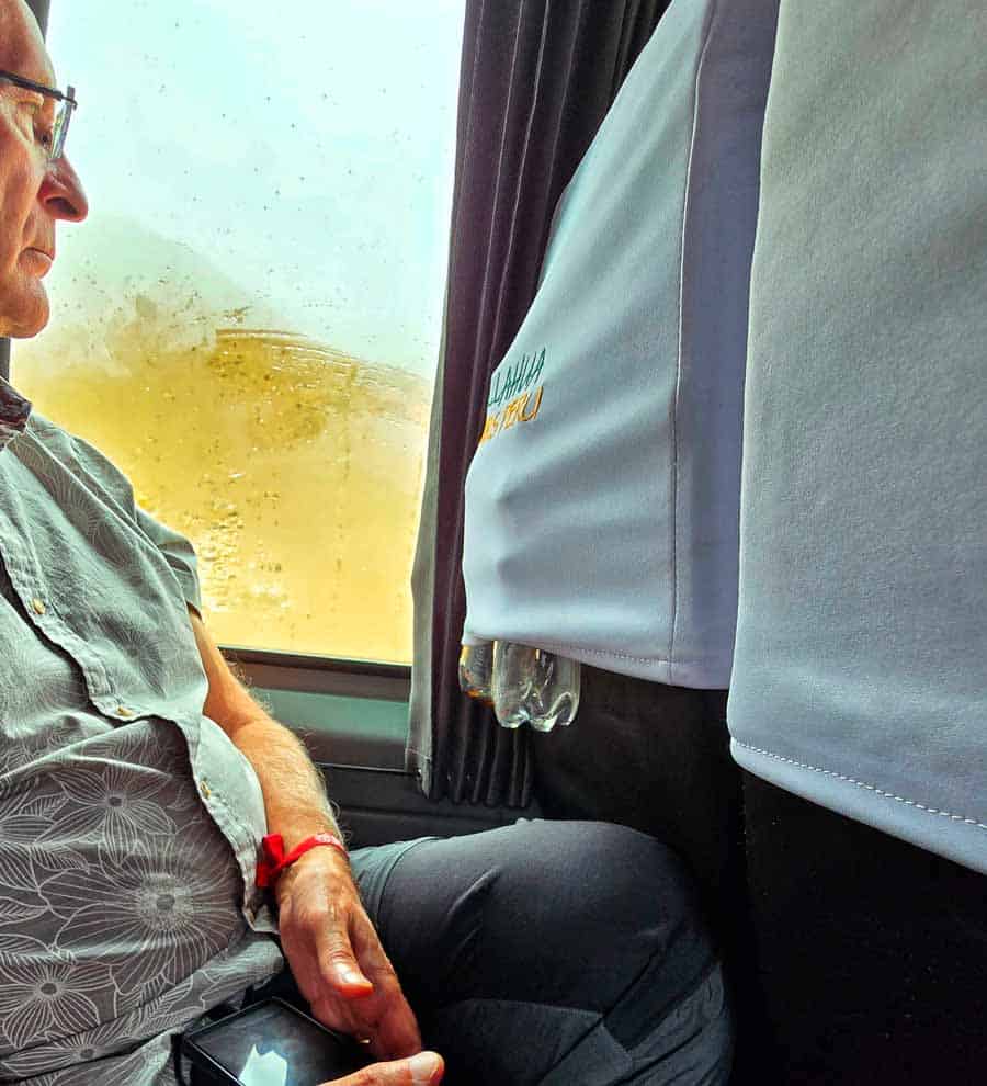 gerry looking very uncomfortable in the tour bus