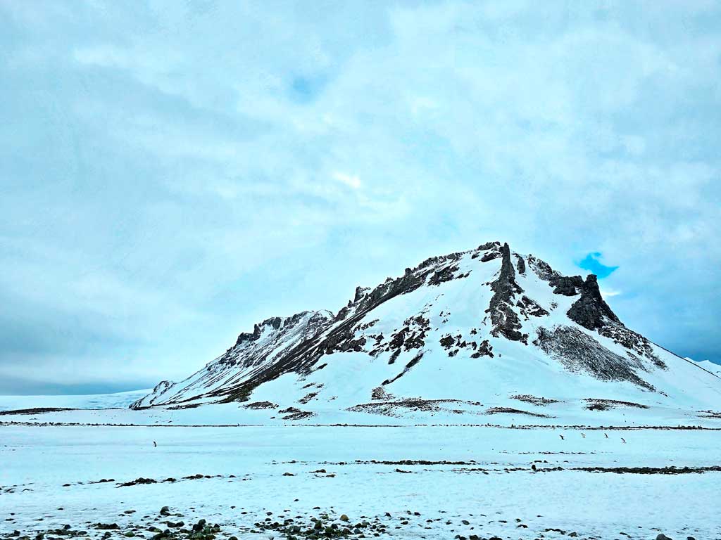 view from the beach at Yankee harbour of the snowy landscape