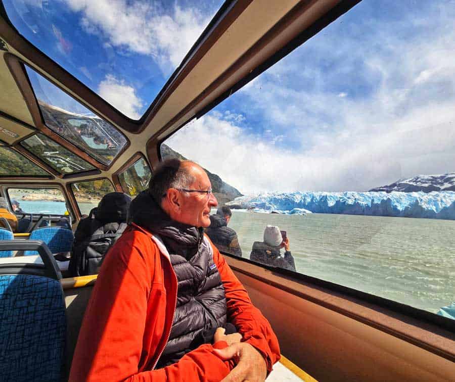 Gerry looking out at view of Perito Moreno Glacier  from our boat trip to the glacier