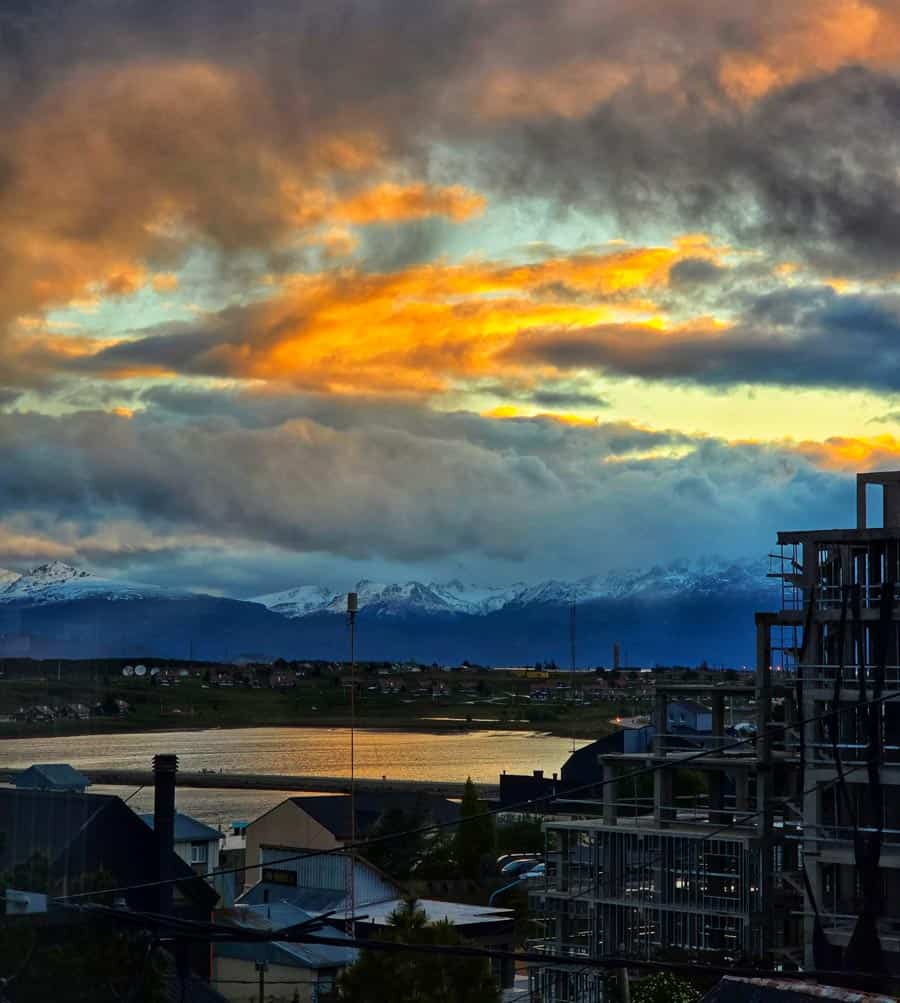 sunset over ushuaia with a view from our apartment window