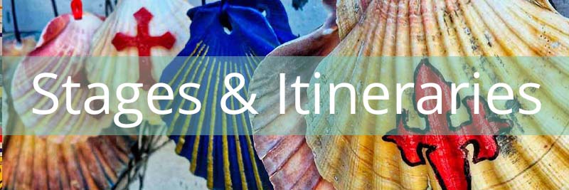 painted Camino shells with a banner reading Stages and Itineraries