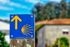 camino yellow arrow and shell market on the Camino Portuguese Central