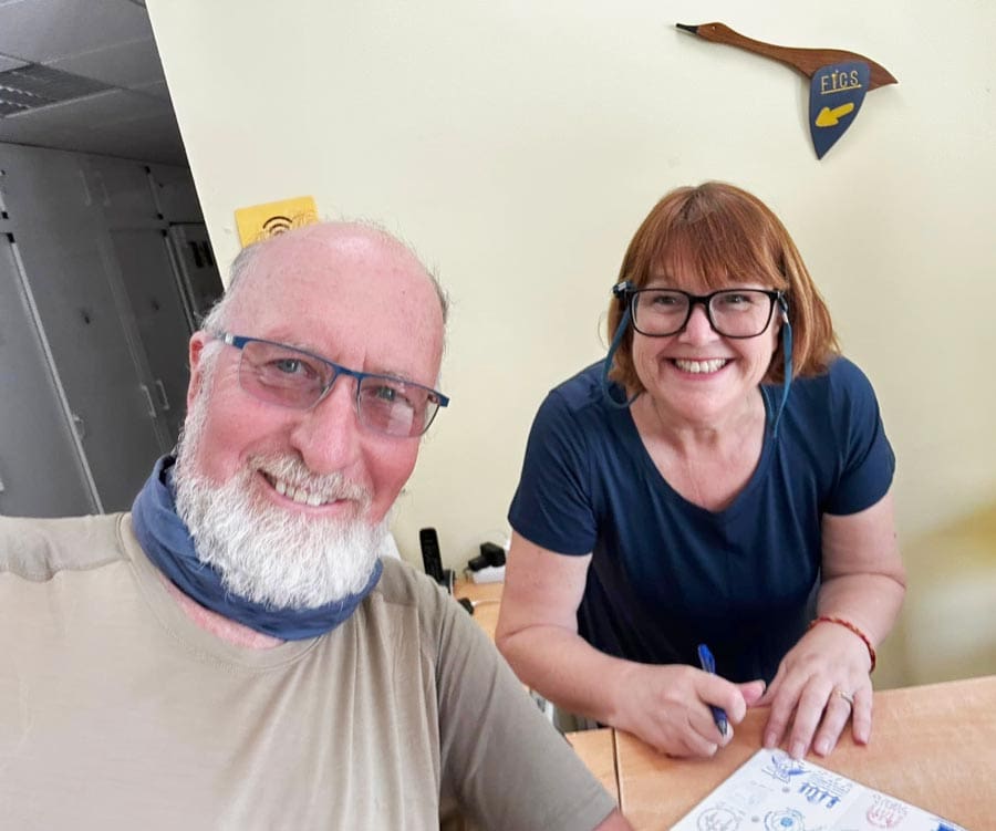 colleen greeting a pilgrim in Najera albergue